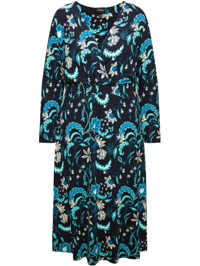Ulla Popken Dames - Jersey midi-jurk A-lijn V-hals lange mouwen - Marine - Maat 50+