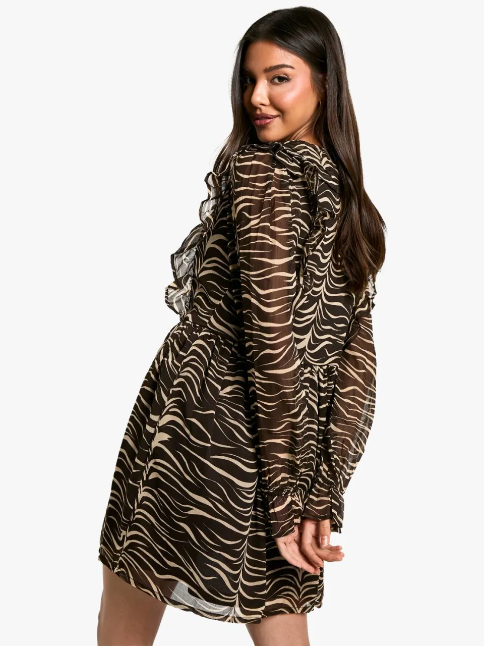 boohoo Dames Zebra Ruffle Smock Jurk zwart, foto 2