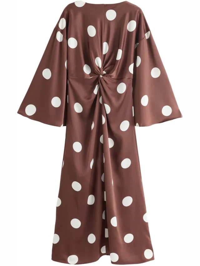 Next Dames - Maxi-jurk van satijn met gedraaide voorkant en lange mouwen - Bruin Chocolate Brown Spot