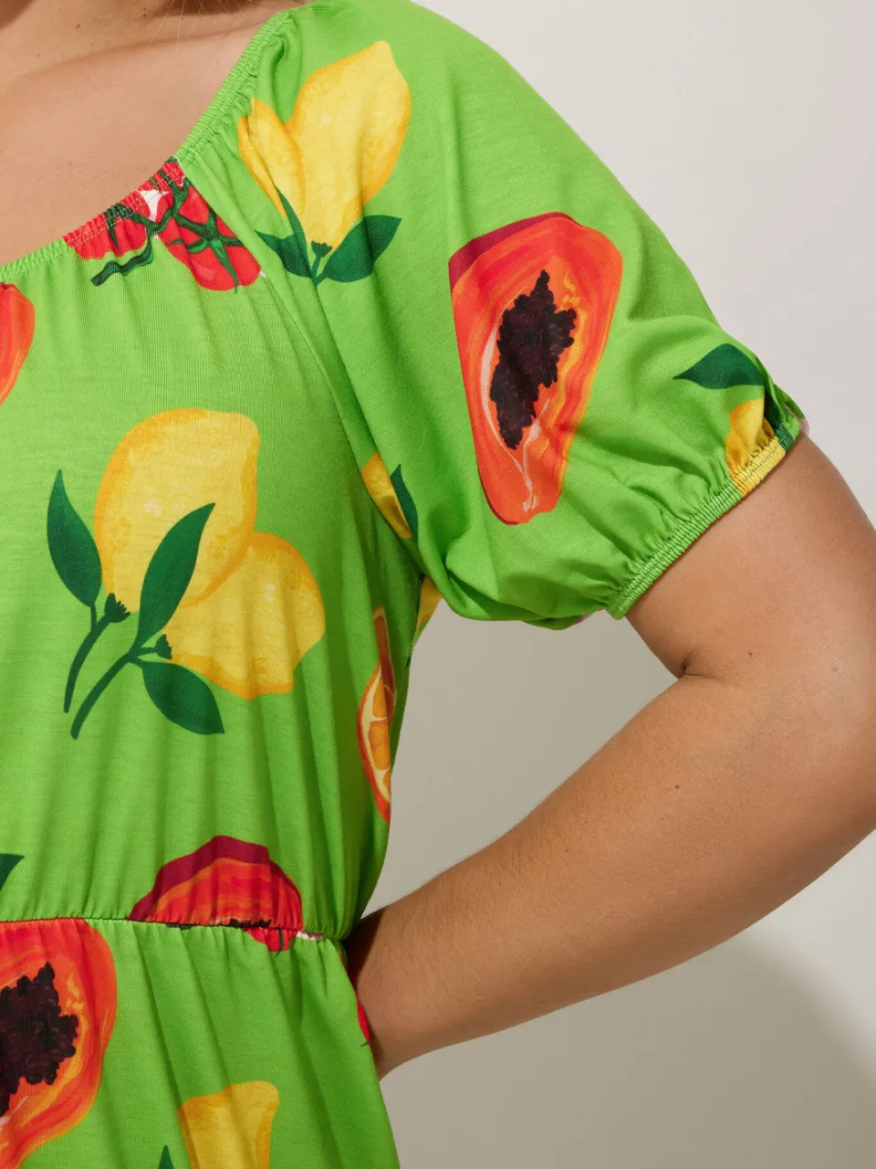 Limited Collection Groene Fruit Print Bardot Jurk, foto 4