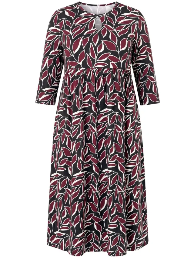 Ulla Popken Dames - Maxi-jurk bloemen A-lijn ronde hals 3/4 mouwen zakken - Mahonie - Maat 50+