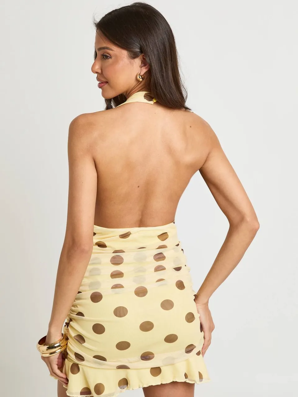 boohoo Dames Mini-jurk Met Ton-sur-ton Polkadots En Gerimpeld Lijfje citroen, foto 3
