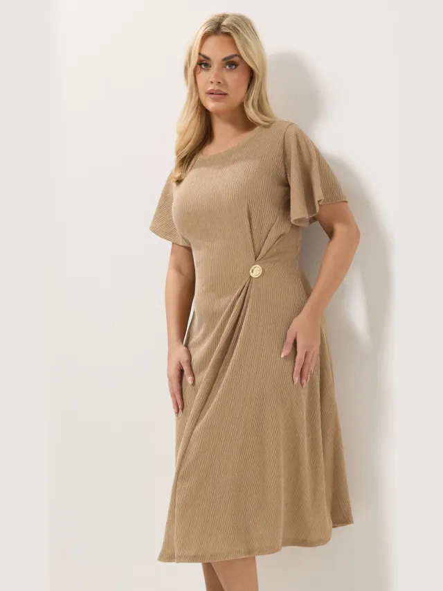 Yours Naturelbruine Jurk Met Knoopdetail En Textuur-56 Brown