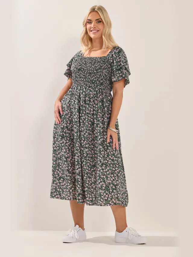 Yours Roze Maxijurk Met Bloemenprint En Smokwerk-64 Black