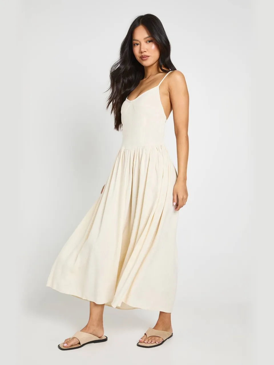 boohoo Dames Petite Premium Linnen Korset Detail Midi Skater Jurk natural, foto 2