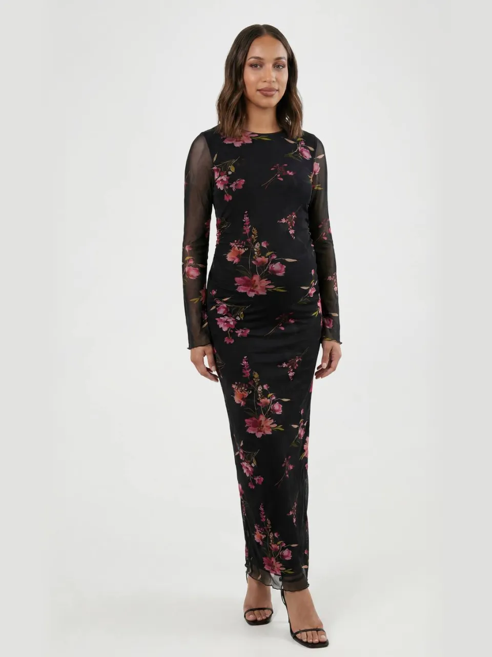 boohoo Dames Zwangerschaps Bloemen Mesh Maxi Jurk zwart, foto 2