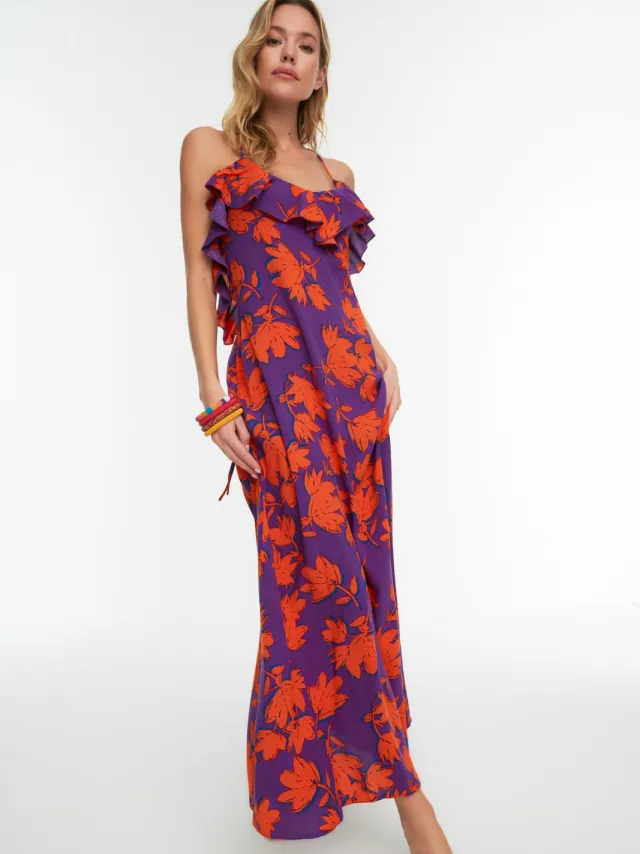 Trendyol TRENDYOLMİLLA Dames Meerkleurig Bloemen Maxi Mouwloos Strandkleding Recht Strandjurken Veelkleurig