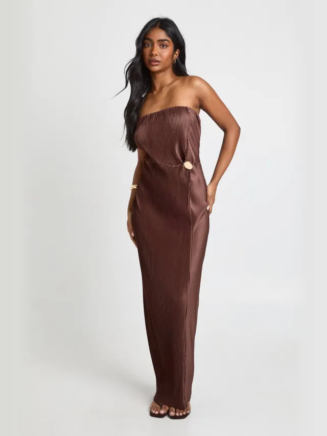 boohoo Dames Plisse Knoop Voorkant Kolom Maxi Jurk Chocoladebruin