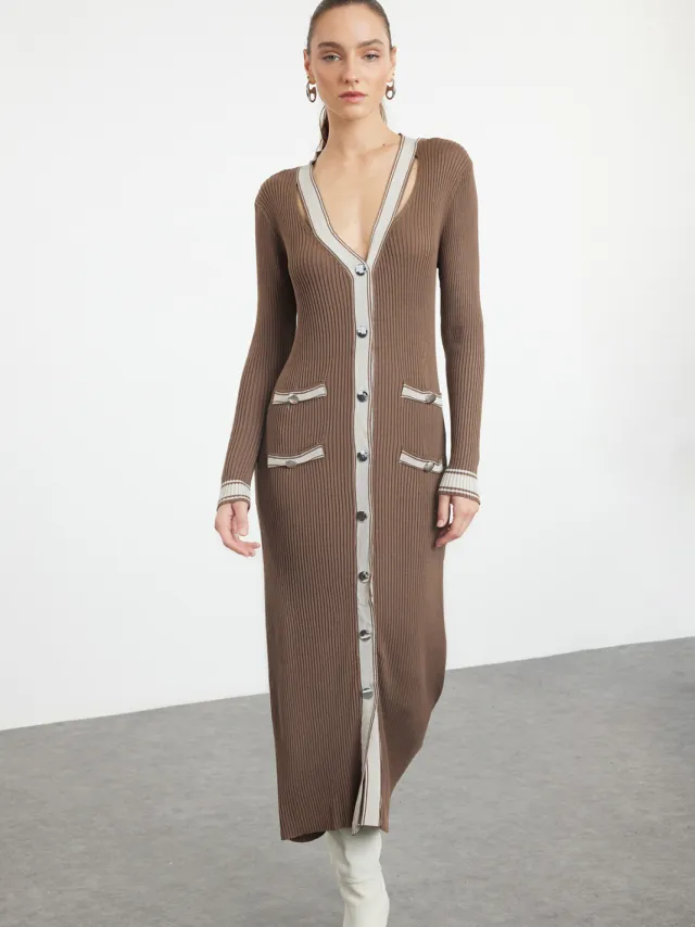 Trendyol TRENDYOLMİLLA Dames Beige Colorblock Maxi Lang Avond / Dagelijks Recht Jurken Taupe