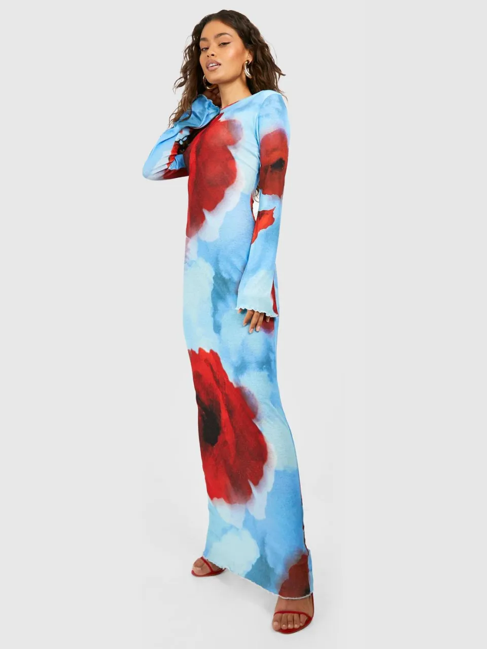boohoo Dames Sheer Scoop Rug Bloemen Maxi Jurk Blauw