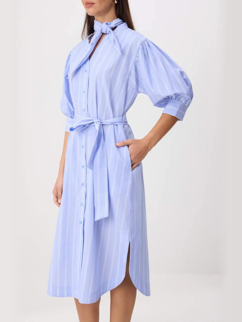Trendyol TRENDYOLMİLLA Dames Blauw Gestreept Midi Driekwart mouw Blousejurk Jurken, foto 2