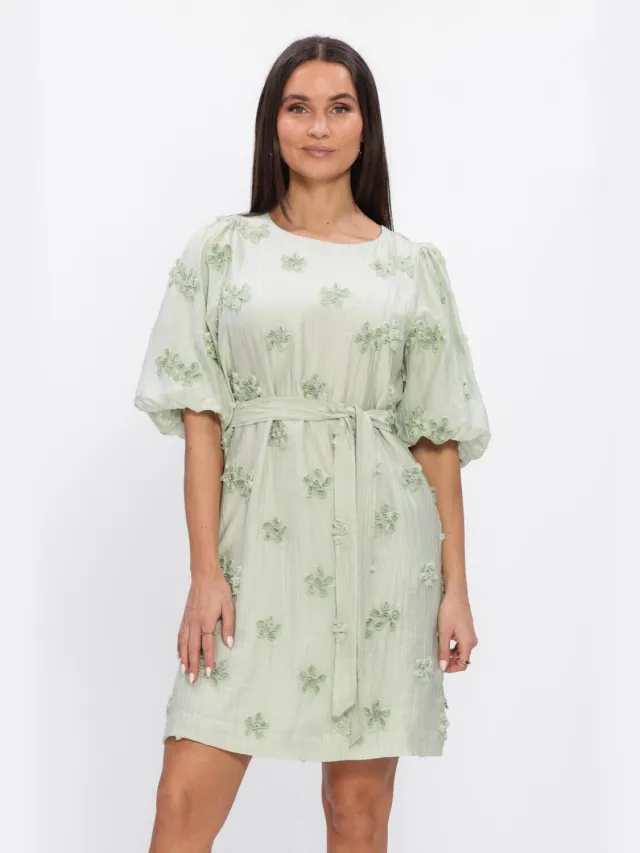 JANSEN Amsterdam Dames Jurken Roxy Jurk 3df1 596 Short Puffed Sleeve 3d Flowers - Mint