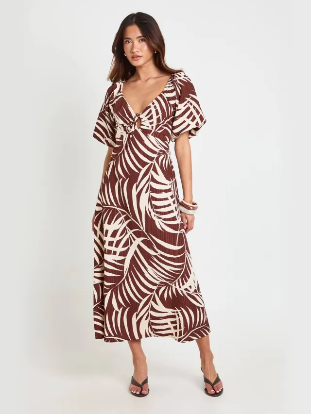 boohoo Dames Midaxi Jurk Met Palmprintstructuur En Volumemouwen Chocoladebruin