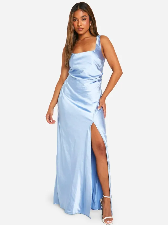 boohoo Dames Petite Bridesmaid Satijnen Maxi-Jurk met Vierkante Halslijn Blauw