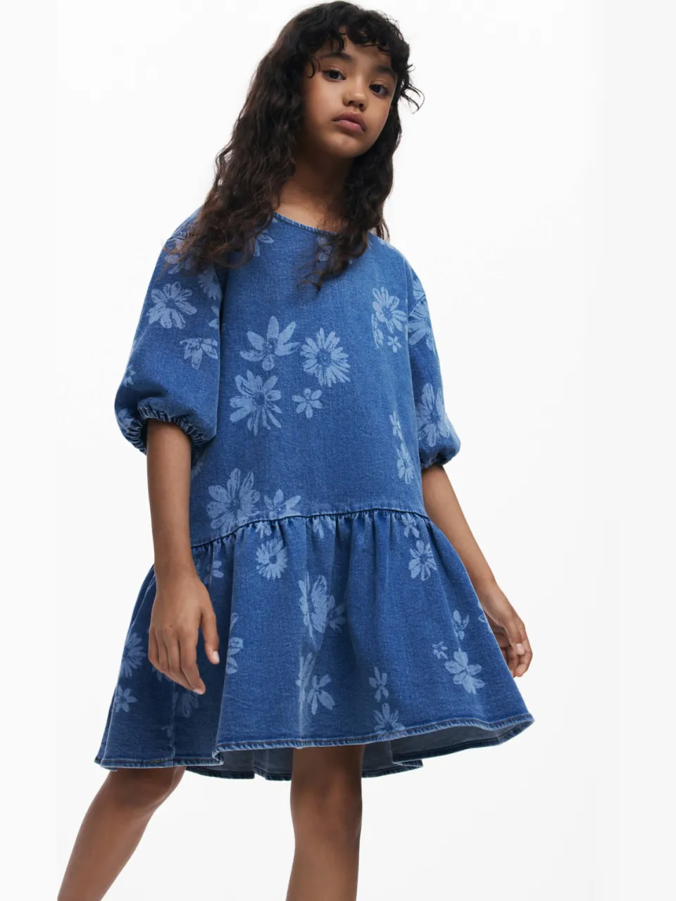 Desigual denim gebloemde A-lijn jurk medium blue denim, foto 3