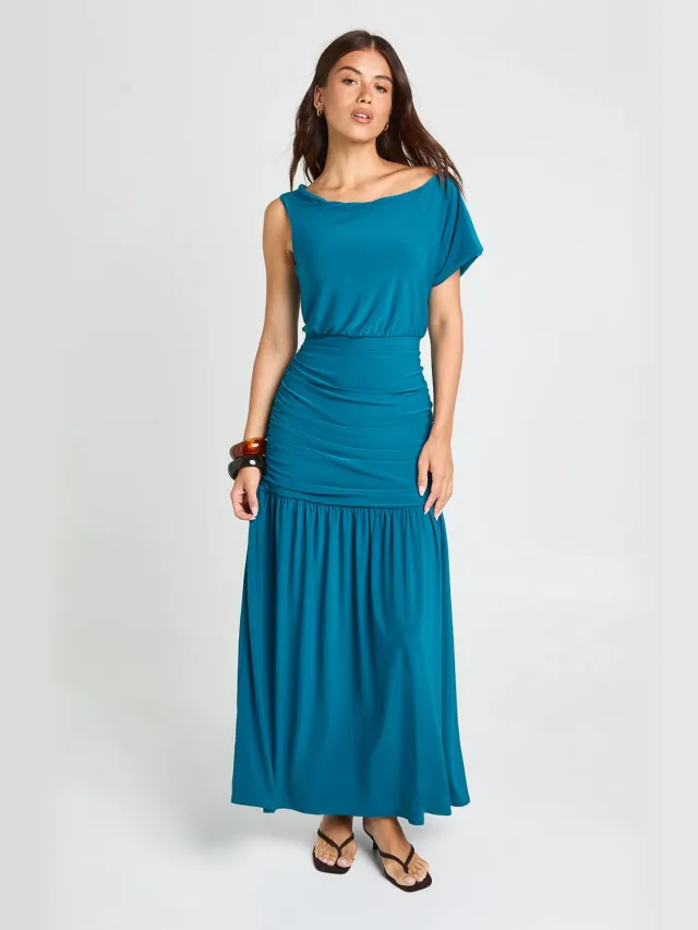 boohoo Dames Dubbellaags Asymmetrisch Slinky Geplooid Taille Maxi Jurk Groenblauw