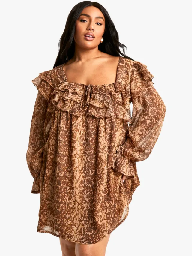 boohoo Dames Plus Snake Print Ruffle Smock Mini Jurk Slangenprint