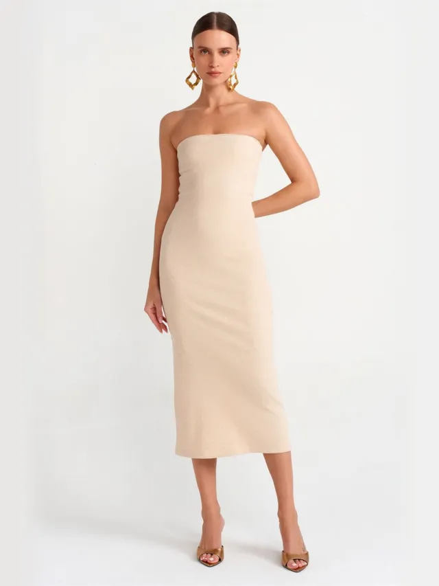 Dilvin Strapless Bodycon Midi-jurk Beige