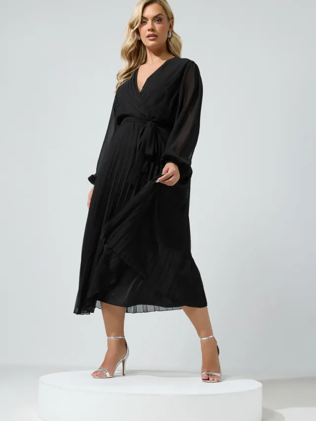 Yours London Zwarte Geplooide Wikkeljurk Met Lange Mouwen Black