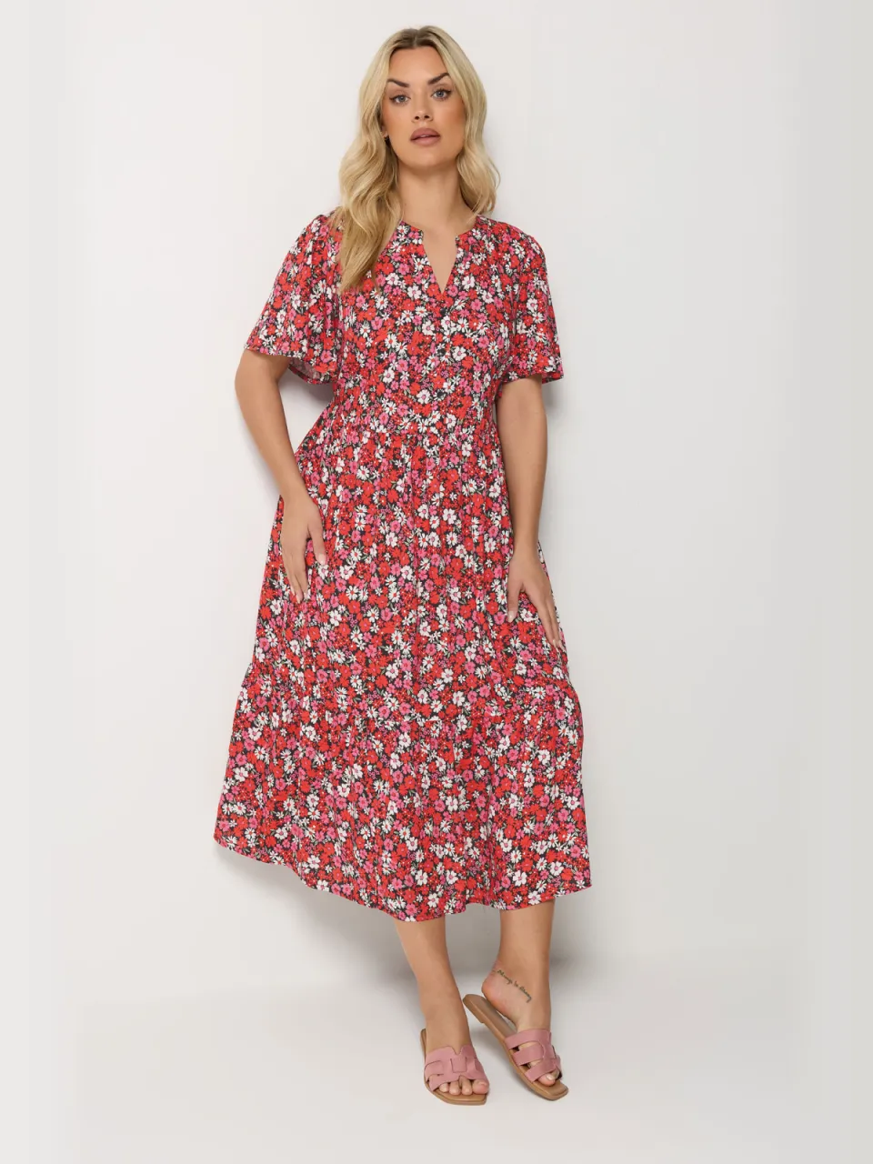 Yours Rode Jurk Met Bloemenprint En Knoopsluiting rood, foto 2