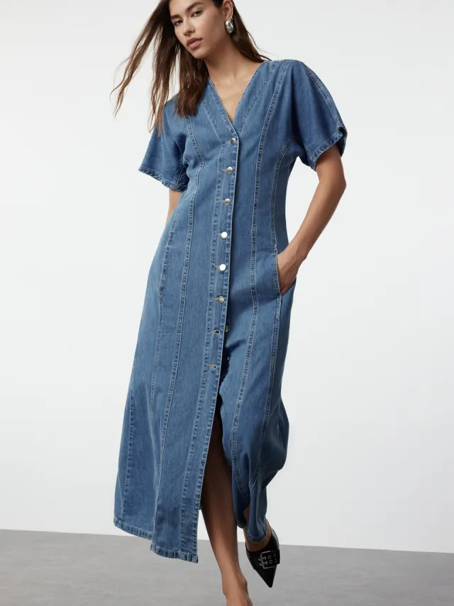 Trendyol TRENDYOLMİLLA Dames Blauw Effen Maxi Kort Casual Blousejurk Jurken