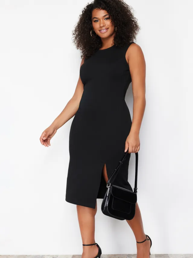 Trendyol Curve Dames Zwart Effen Midi Mouwloos Casual Bodycon Grote maten Jurk, foto 2