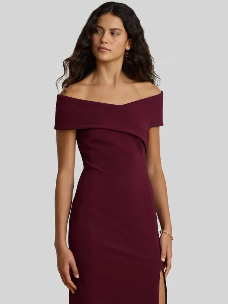 Lauren Ralph Lauren Cocktailjurk met carmenhals bordeaux, foto 3