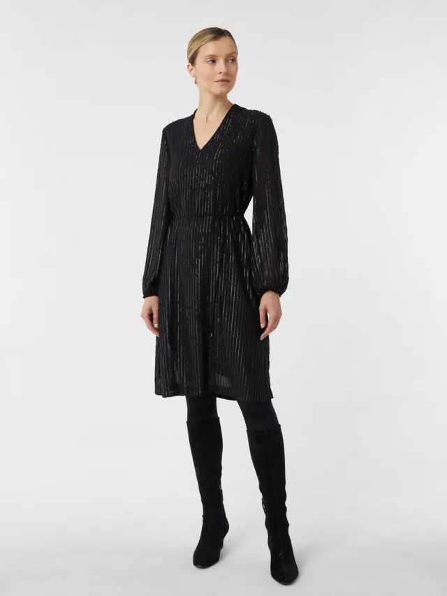 Comma female - Paillettenjurk met V-hals en strikceintuur zwart