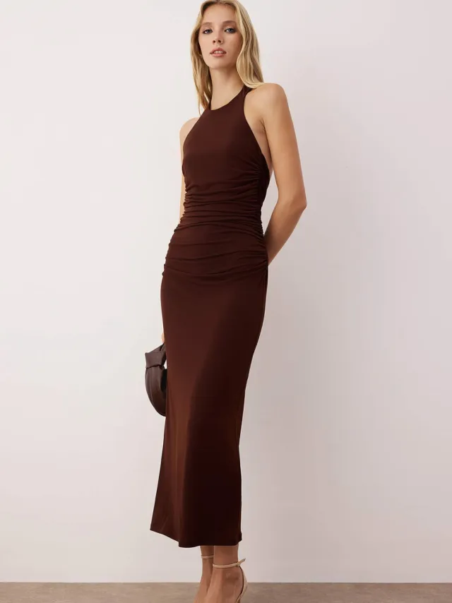 Trendyol TRENDYOLMİLLA Dames Bruin Effen Kort / Mini Mouwloos Avond / Dagelijks Bodycon Jurken