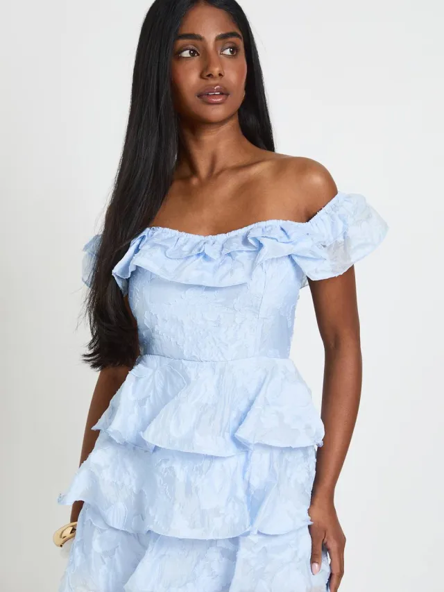 boohoo Dames Burnout Bardot Gelaagde Mini Jurk Pastelblauw