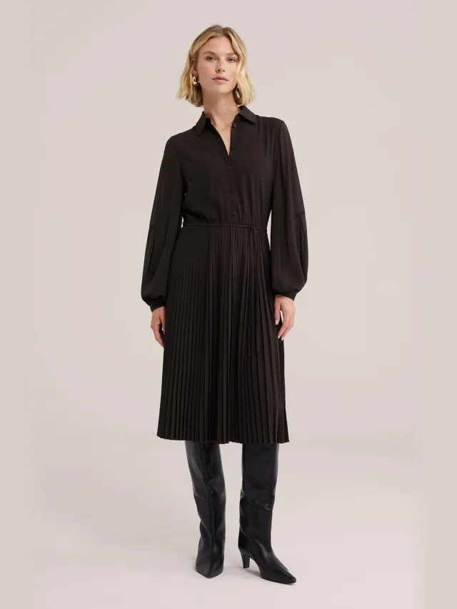 WE Fashion Dames midi plissé jurk met ballonmouwen Dark brown