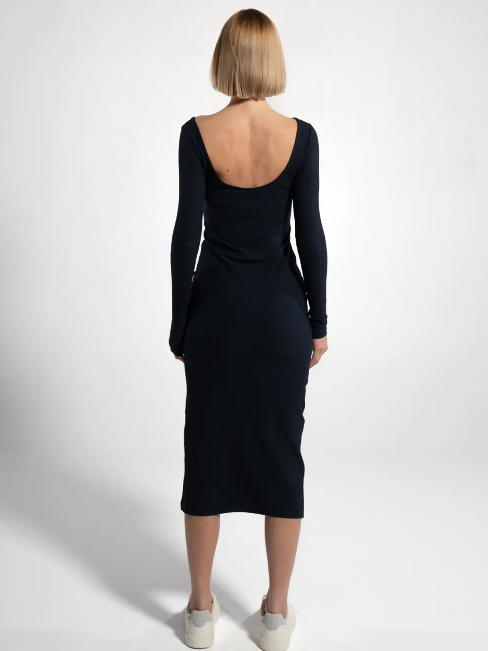 GORG dames vegan Midi Jurk Lange Mouw Geribd Marineblauw, foto 2