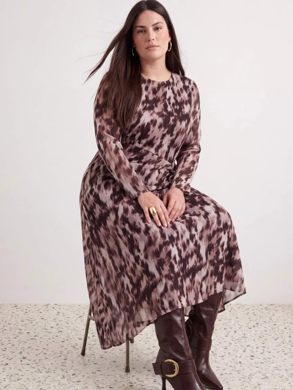 Trendyol Curve Dames Bruin Met grafische print Maxi Lang A-lijn Grote maten Jurk, foto 2