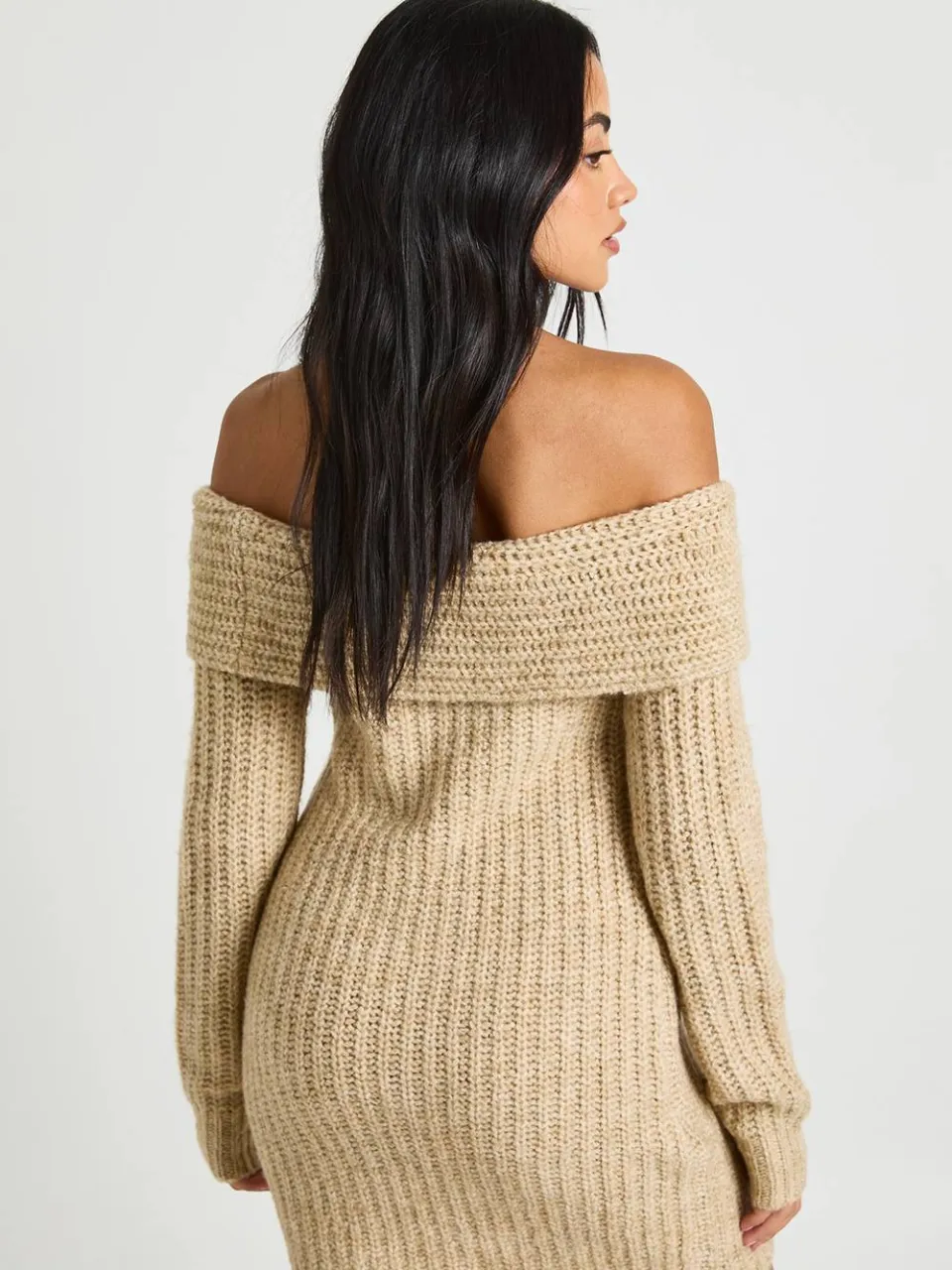 boohoo Dames Chunky Gebreide Bardot Mini Jurk crème, foto 2
