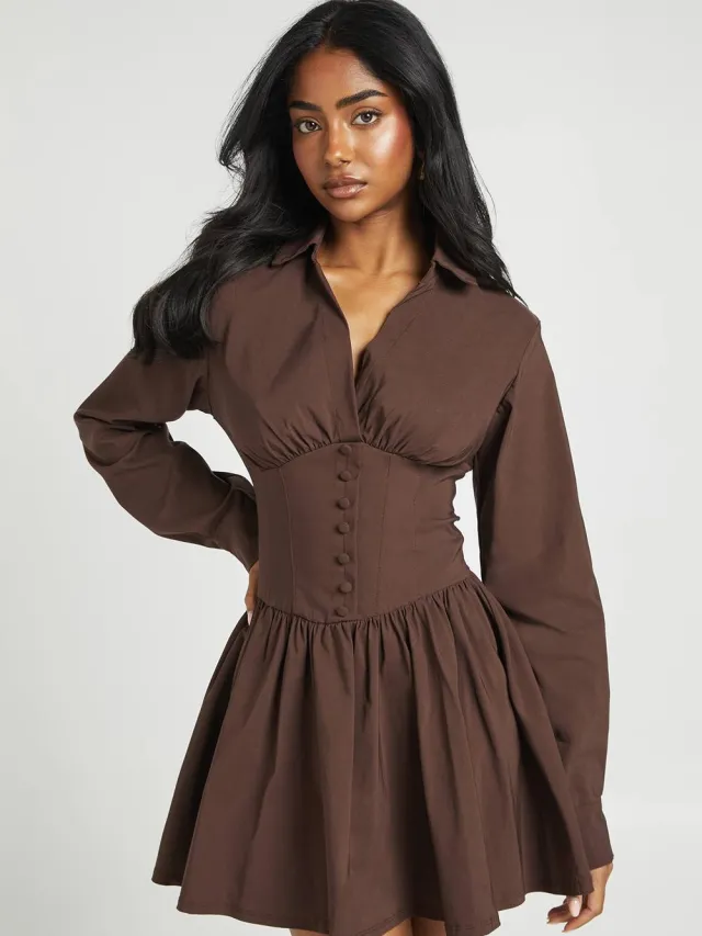 boohoo Dames Bengaline Jurk Met Knoopsluiting, Corset Lijfje En Volle Rok chocoladebruin, foto 3
