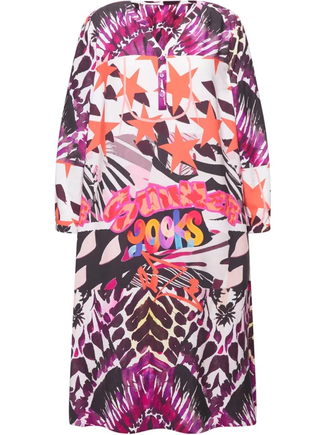 Angel of Style Dames - Midi-jurk motiefmix-print tuniekhals - Sneeuwwit