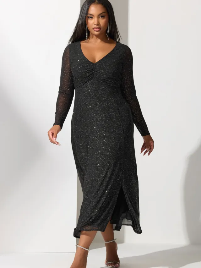 Yours London Zwarte Glitter Maxijurk Met Gerimpelde Voorkant Black
