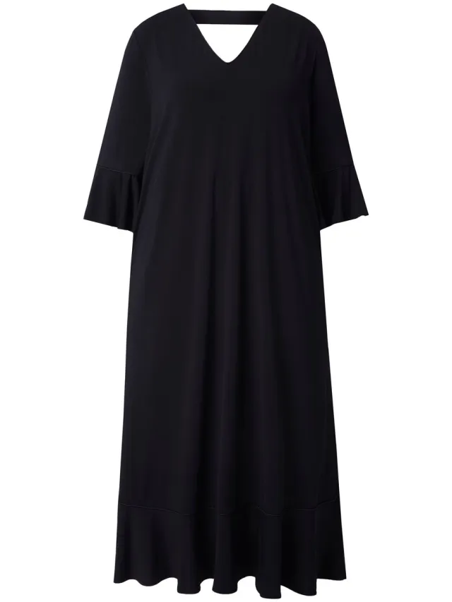 Ulla Popken Dames - Maxi-jurk volants A-lijn V-hals 3/4-mouwen - Zwart - Maat 50+