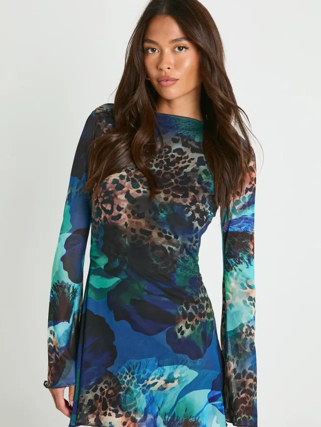 boohoo Dames Florale Mesh Minijurk met Uitlopende Mouwen kobaltblauw, foto 2