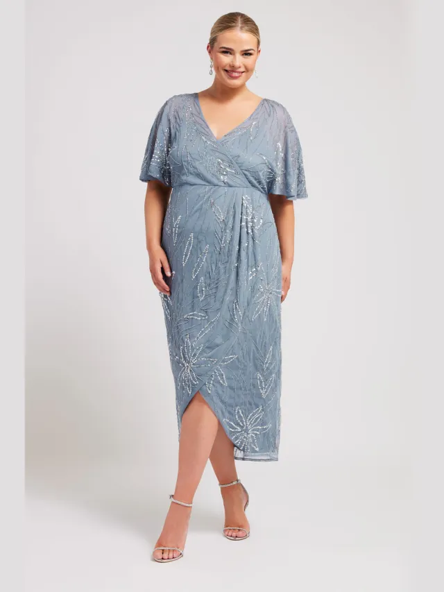 Luxe: Ultimate Embellishment Luxe Midiwikkeljurk Met Pailletten En Kralenversiering In Lichtblauwsize 54-56 Blue
