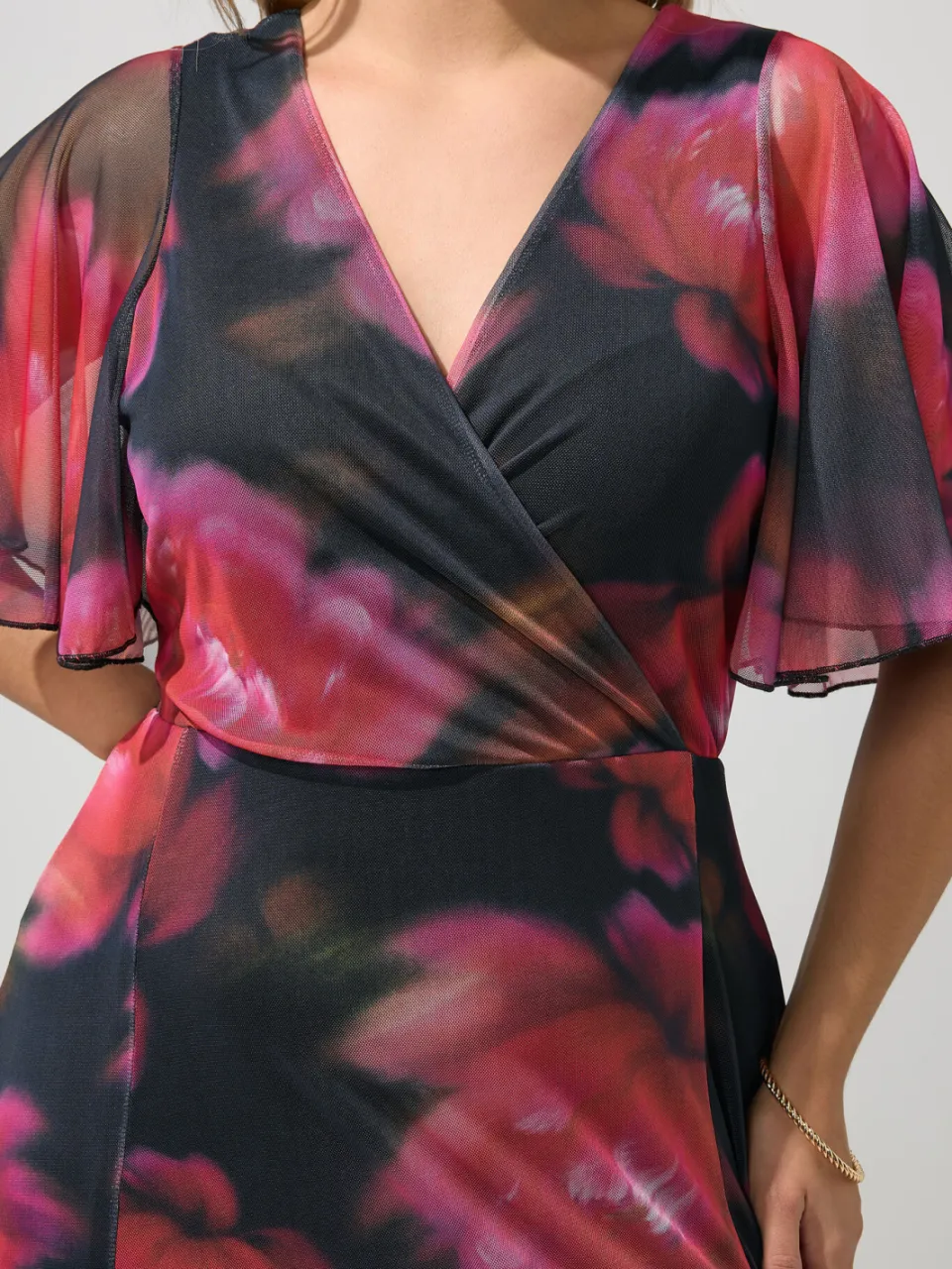 Yours London Zwarte En Roze Abstracte Bloemenprint Mesh Jurk, foto 4