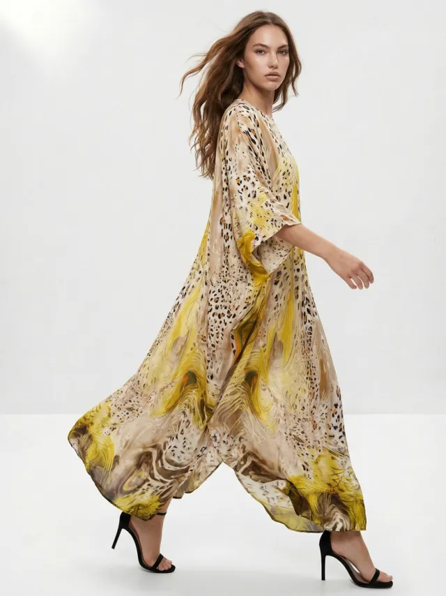 Trendyol Modest Dames Beige Tropisch Maxi Lang A-lijn Modest Jurken, foto 2