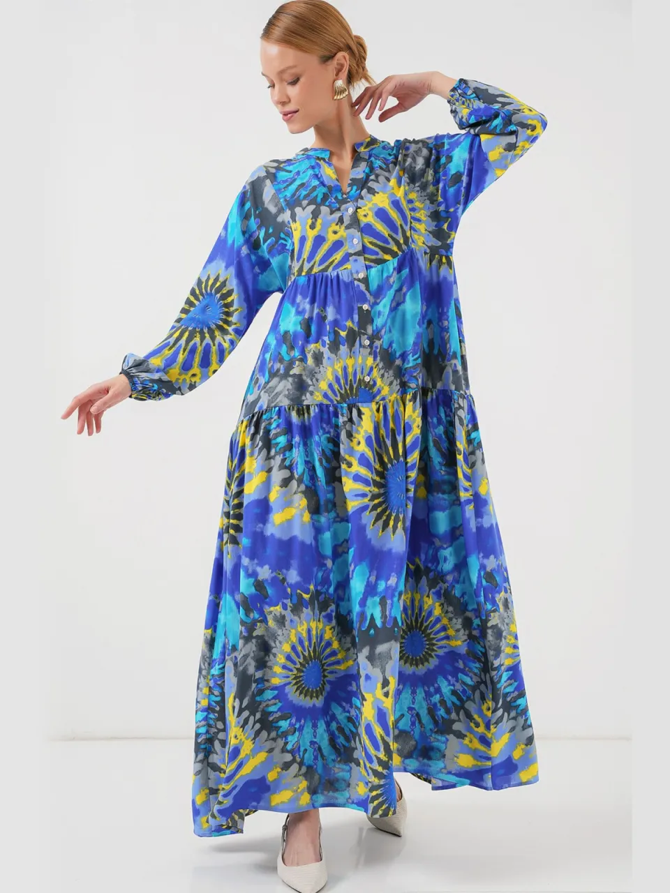 Big Dart Geprinte V-hals Maxi-jurk met knoopsluiting marineblauw, foto 2