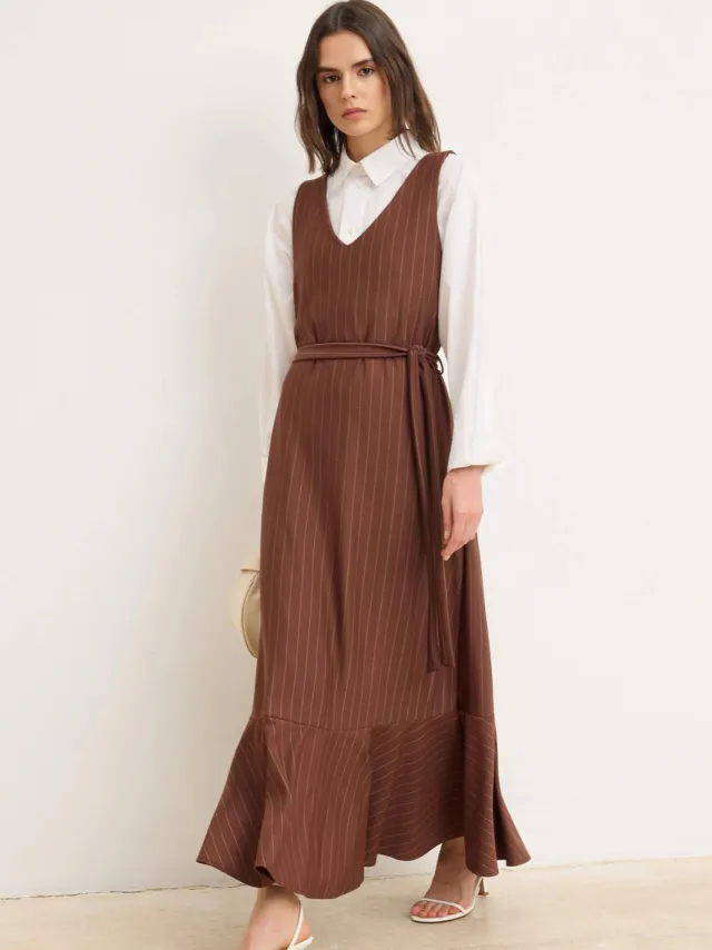 Trendyol Modest Dames Bruin Gestreept Maxi Mouwloos Casual Gilet Modest Jurken
