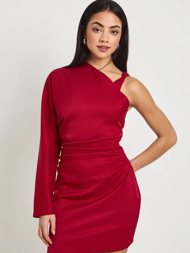 boohoo Dames Eenmouws Gerimpelde Zijkant Mini Jurk Dark Cherry