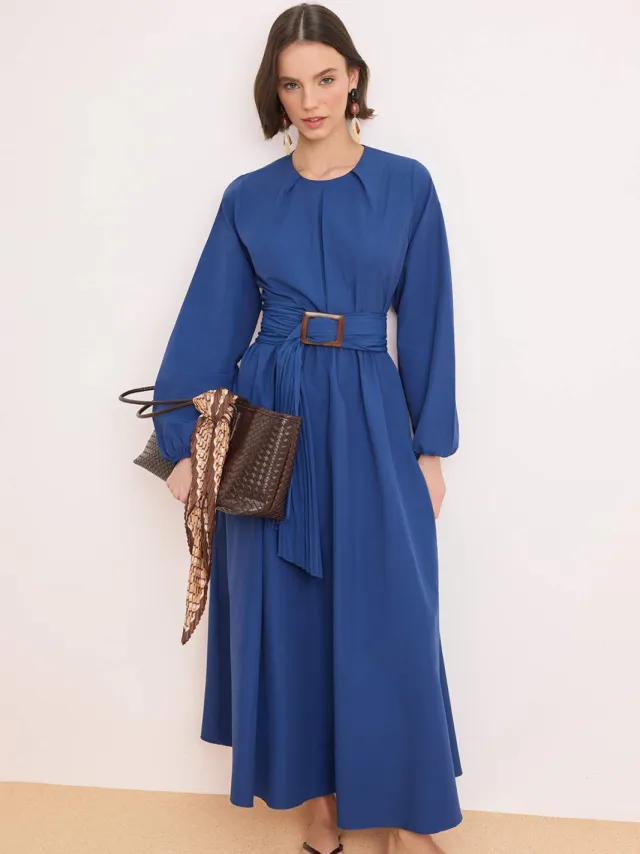 Trendyol Modest Dames Donkerblauw Effen Maxi Lang A-lijn Modest Jurken Marineblauw/Blauw