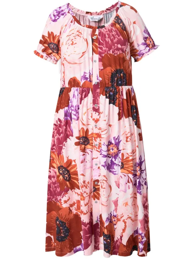 MIAMODA Dames - Jersey midi-jurk A-lijn all-over print carmenhals - Rood