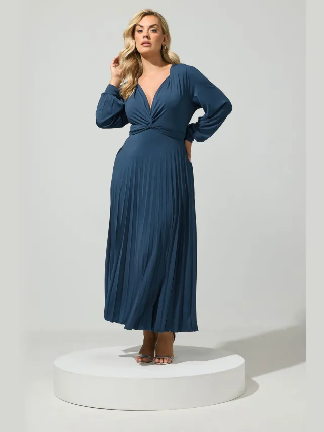 Yours London Marineblauwe Geplooide Maxijurk Met Knoop Aan De Voorkant Blue