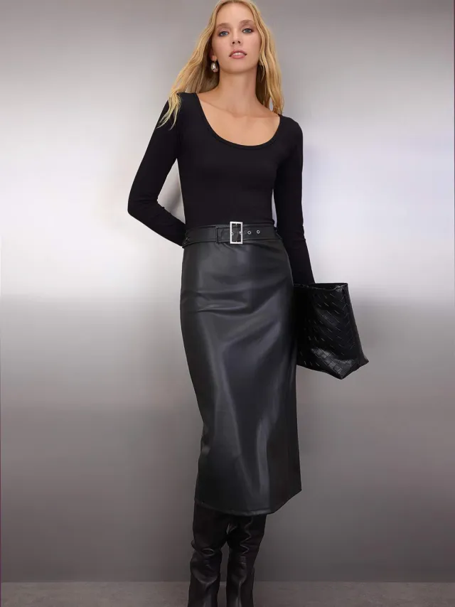 Trendyol TRENDYOLMİLLA Dames Zwart Effen Midi Lang Avond / Dagelijks Bodycon Jurken