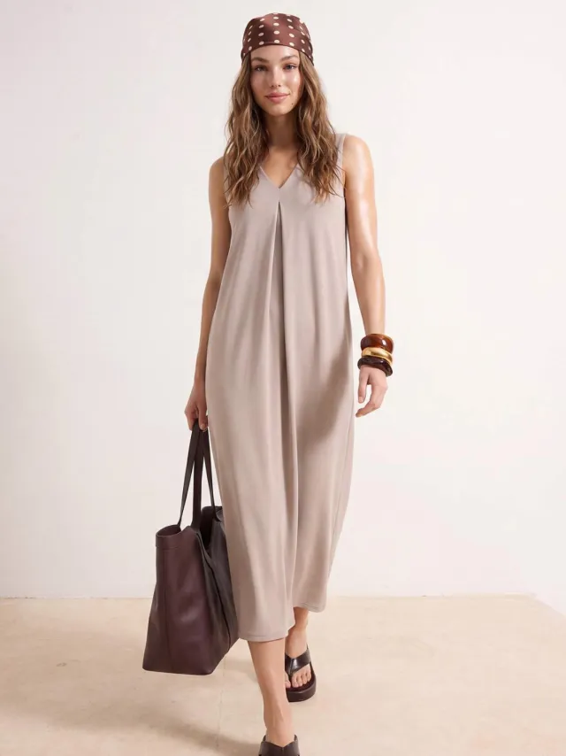 Trendyol TRENDYOLMİLLA Dames Beige Effen Midi Mouwloos Recht Jurken Gebroken wit